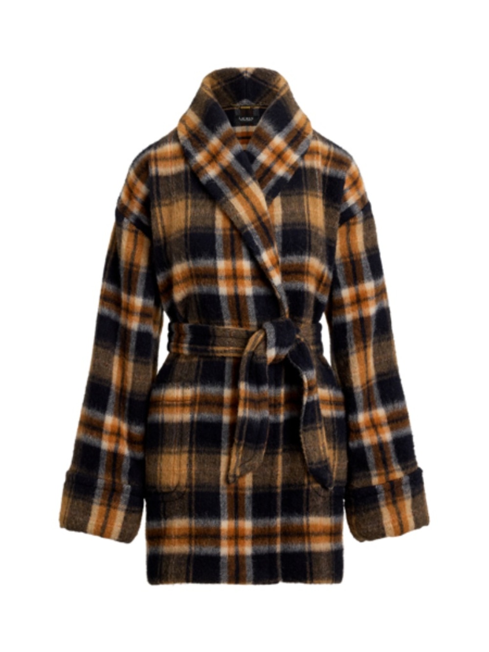 Plaid Wool-Blend Shawl-Collar Wrap Coat